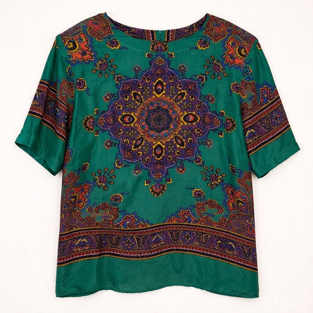 Stunt Collections Silk‎ Green Paisley Mandala Medallion Party Top S Festival